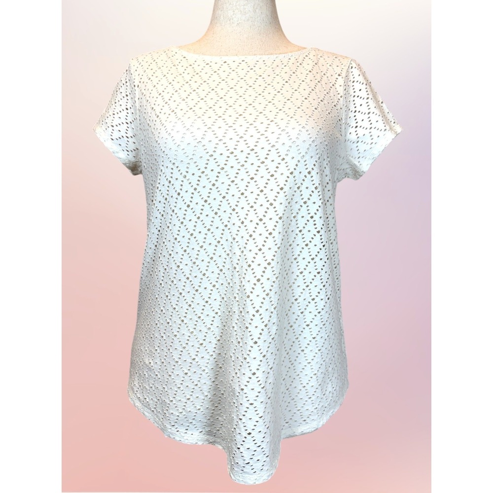 J. Jill 100% Cotton Pointelle Knit Tee Women's S Ivory Boat Neck Short Sleeve